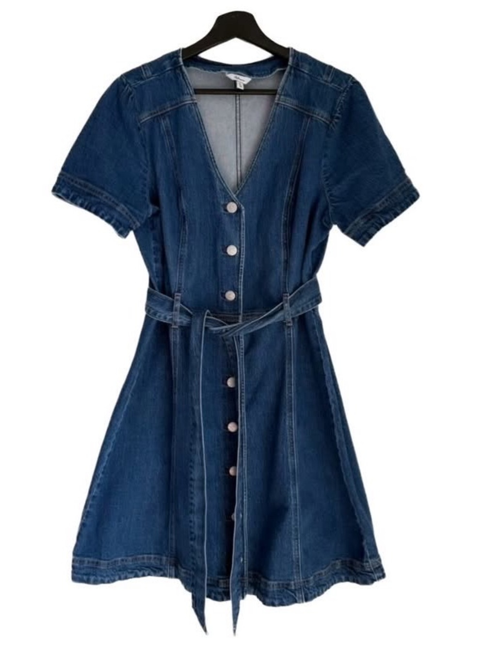 Reitmans Dark Blue Denim Button-Front Belted Mini Dress Jeans Prairie Core Boho